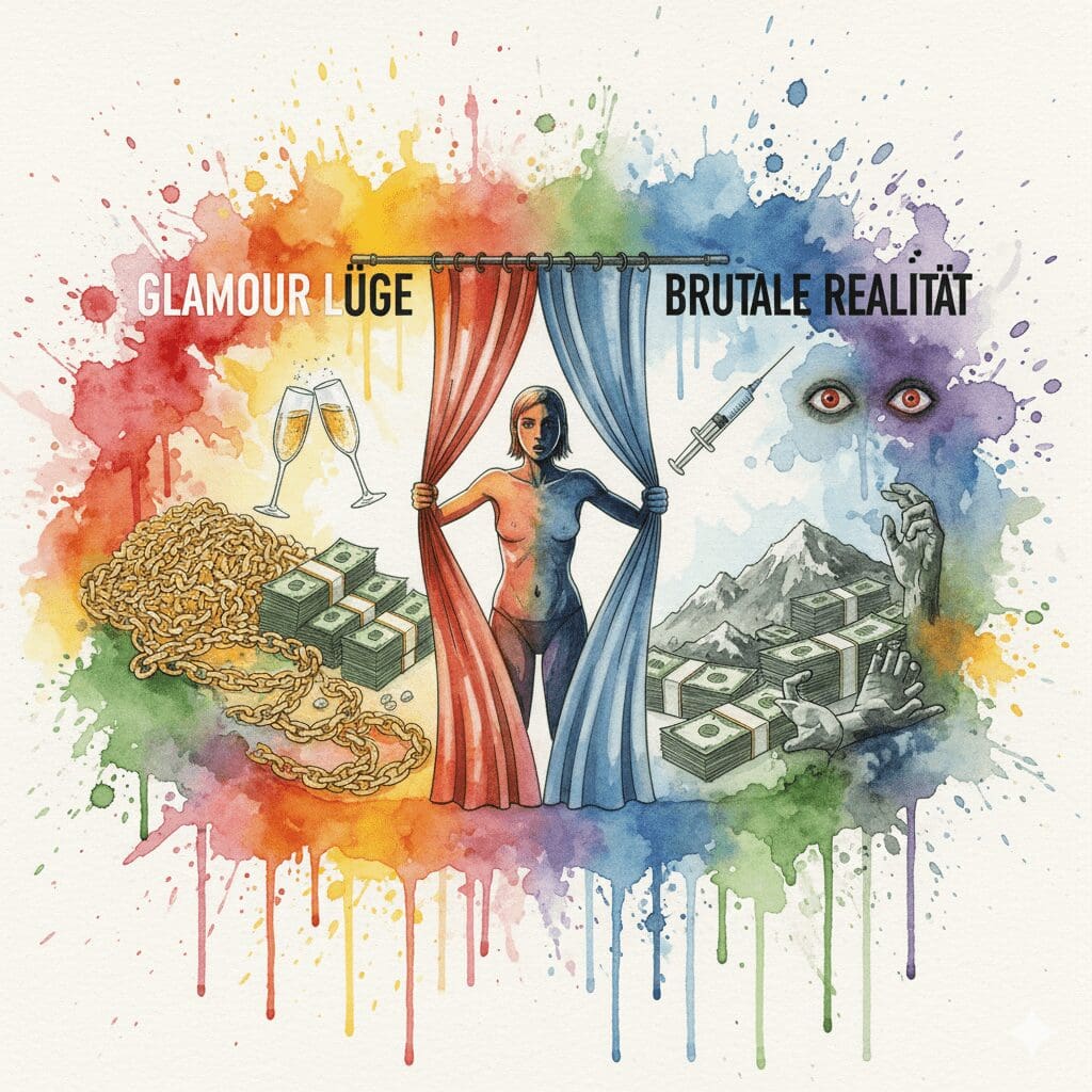 Eine Person zerreißt den Vorhang zwischen der glamourösen Lüge (Geld, Koks) und der brutalen Realität (Schulden, Paranoia). Symbol für unzensierte Aufklärung.