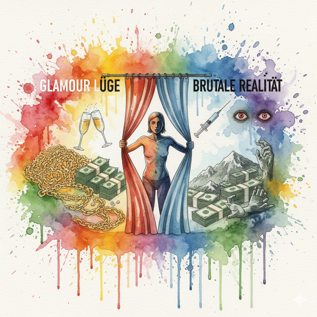 Eine Person zerreißt den Vorhang zwischen der glamourösen Lüge (Geld, Koks) und der brutalen Realität (Schulden, Paranoia). Symbol für unzensierte Aufklärung.