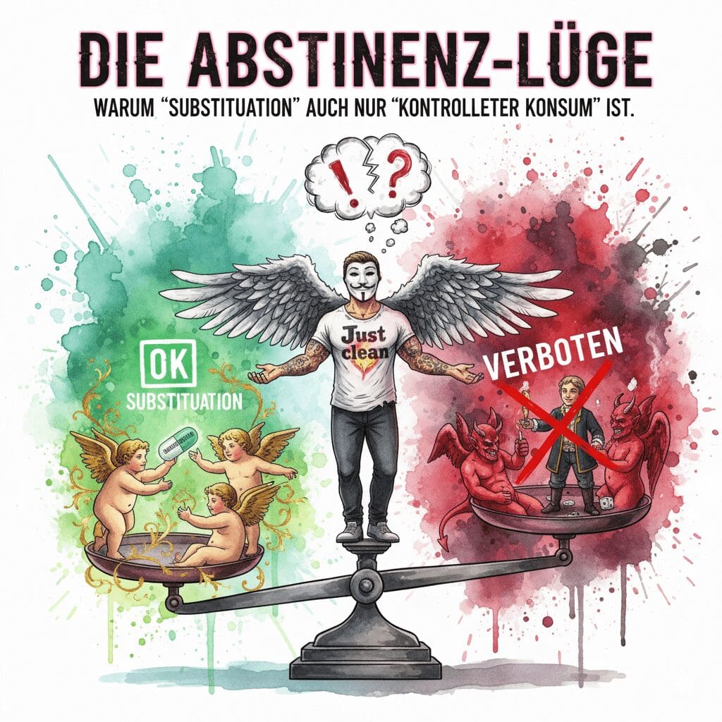 Titelbild "Die Abstinenz-Lüge". Die NeelixberliN-Figur auf einer Waage, die "Substitution" (Barock-Engel mit Pille) als "OK" darstellt, während "Kontrollierter Konsum" (Barock-Teufel mit Bier) als "VERBOTEN" gebrandmarkt wird. Knallige Watercolor-Farben.