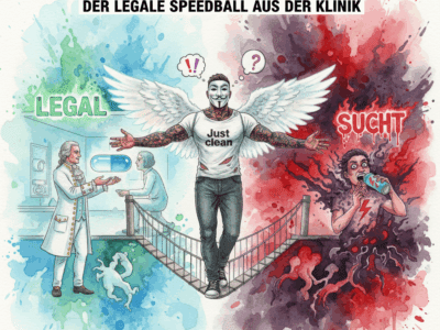 Titelbild "Die Lyrica-Lüge". Die NeelixberliN-Figur auf einer Brücke zwischen einer "legalen" (Arzt mit Lyrica) und einer "Sucht"-Welt (Person mit Lyrica & Energy Drink). Knallige Watercolor-Farben.