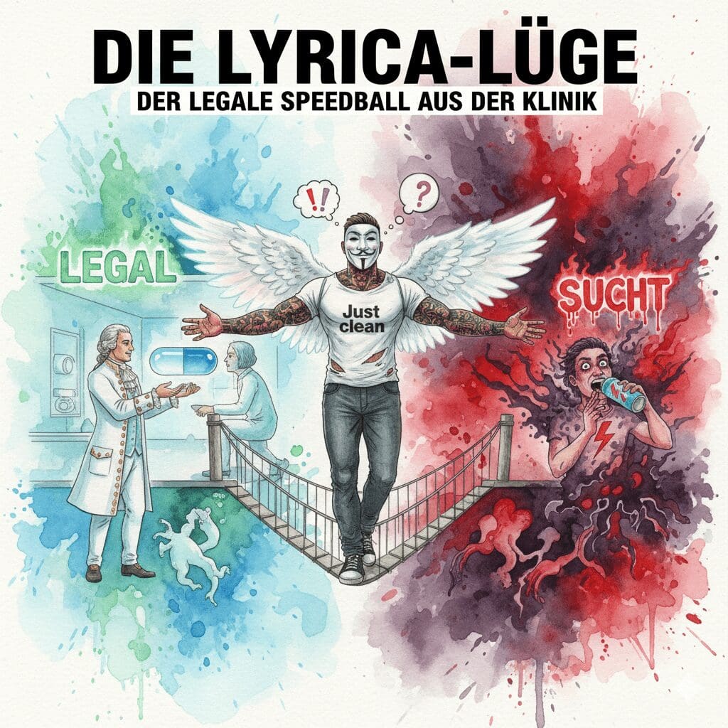 Titelbild "Die Lyrica-Lüge". Die NeelixberliN-Figur auf einer Brücke zwischen einer "legalen" (Arzt mit Lyrica) und einer "Sucht"-Welt (Person mit Lyrica & Energy Drink). Knallige Watercolor-Farben.
