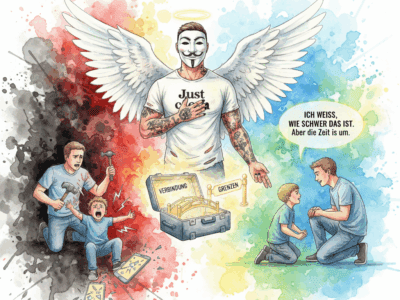 "Der NEUE Werkzeugkasten". Die NeelixberliN-Figur präsentiert Eltern goldene Werkzeuge (Verbindung, Grenzen) als Alternative zu Bestrafung im Kampf gegen digitale Sucht.