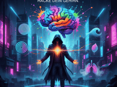 Titelbild "Die körpereigene Droge: Hacke dein Gehirn". Eine NeelixberliN-Figur "programmiert" ein leuchtendes, psychedelisches Gehirn, umgeben von optischen Illusionen und natürlichen Highs.