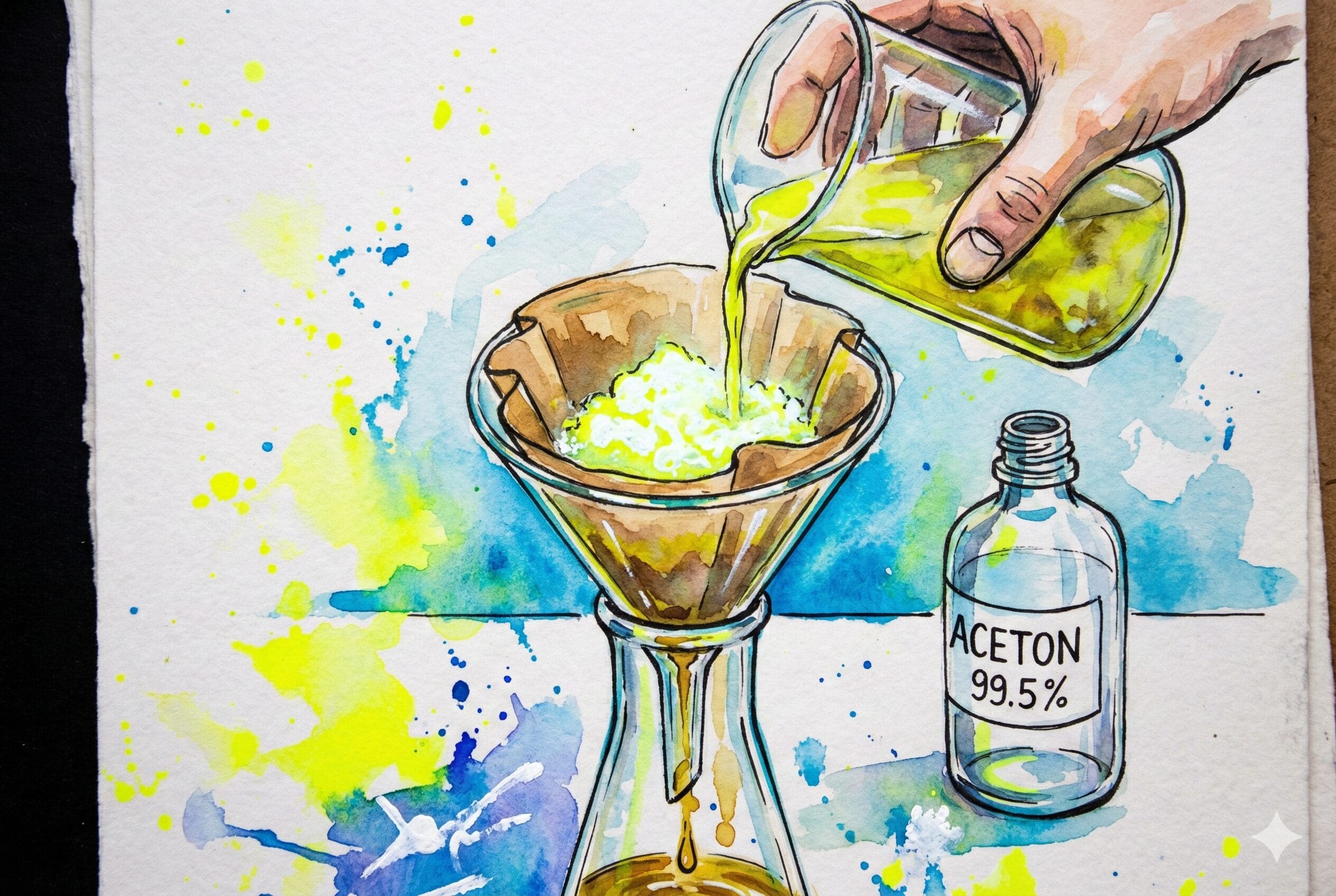 Aquarell-Illustration des Speed-Waschvorgangs: Aceton wird durch einen Kaffeefilter gegossen, weißes Amphetamin bleibt zurück, gelber Dreck tropft ab.