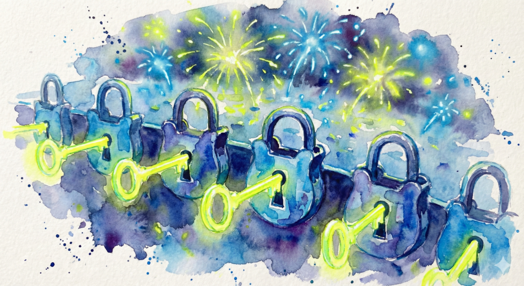 Grafische Darstellung von Synapsen: Koffein blockiert Adenosin-Rezeptoren und triggert Dopamin-Ausschüttung. Watercolor Style.