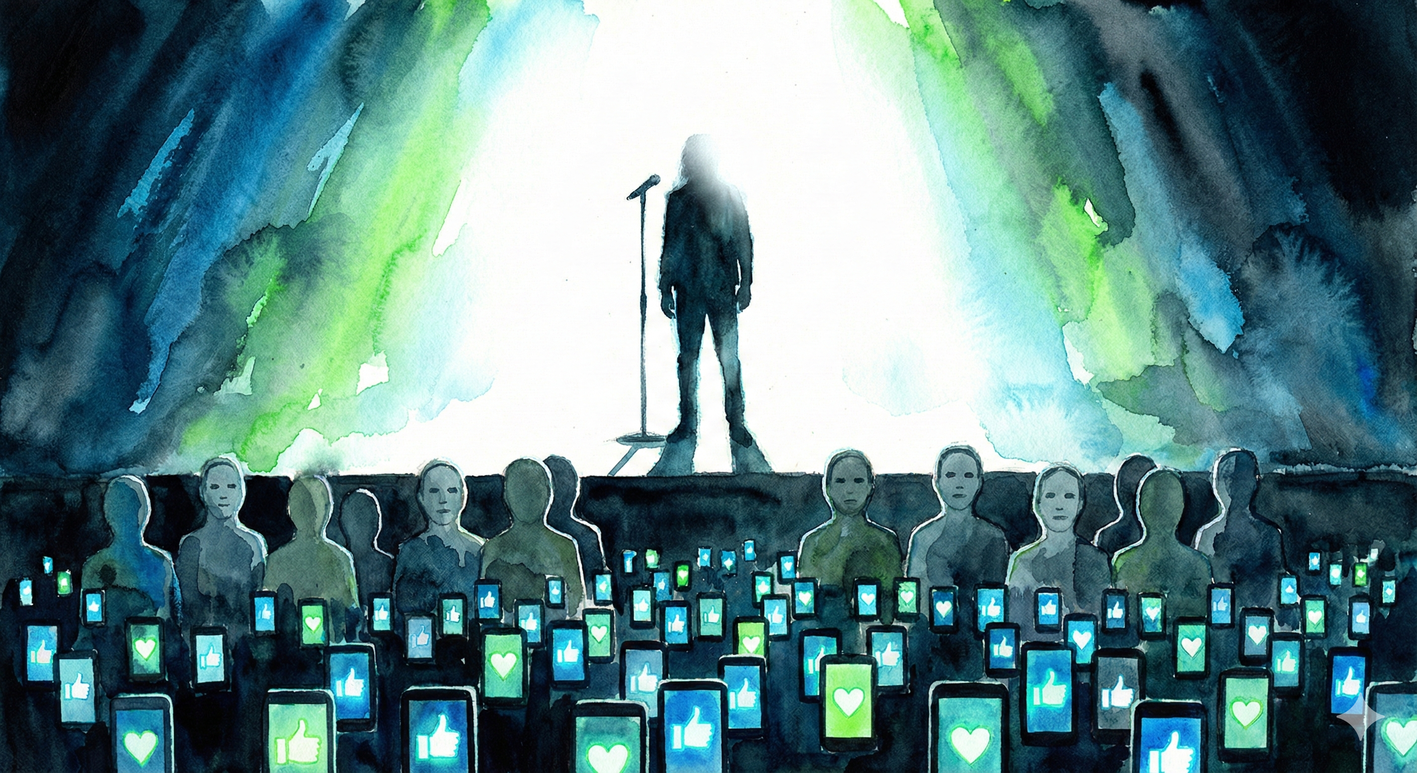 Illustration einer Bühne, auf der ein Redner vor einem Publikum aus Pappfiguren und Smartphones steht.