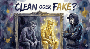 Illustration im Watercolor-Stil: Die NeelixberliN-Figur beobachtet kritisch einen Mann, dessen Spiegelbild einen falschen goldenen König zeigt.