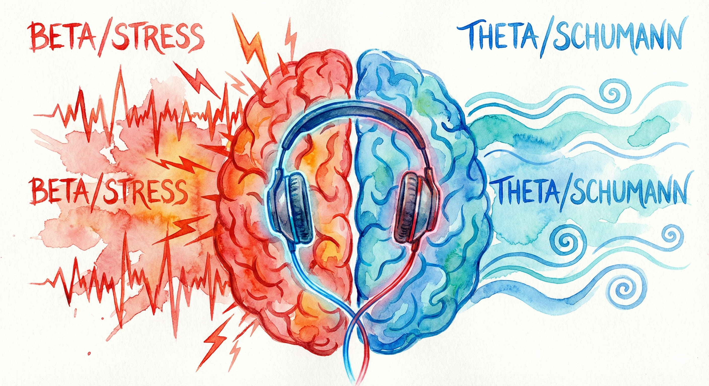 Künstlerische Darstellung eines Gehirns: Links rote, zackige Beta-Wellen (Stress/Sucht), rechts blaue, sanfte Theta-Wellen (Entspannung), verbunden durch Kopfhörer.