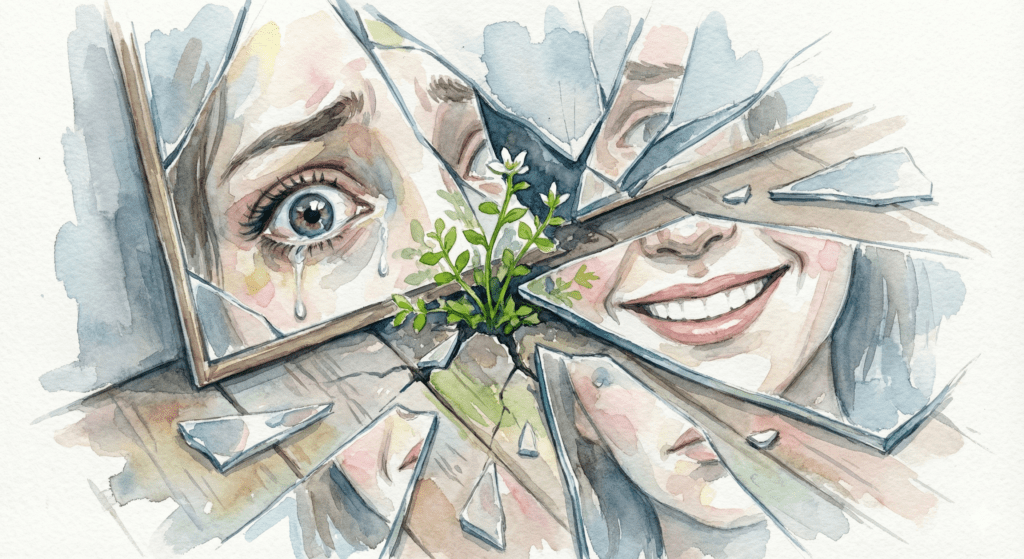 Zerbrochener Spiegel am Boden, aus dessen Rissen eine kleine Pflanze wächst – Symbol für echte Heilung nach der Sucht.