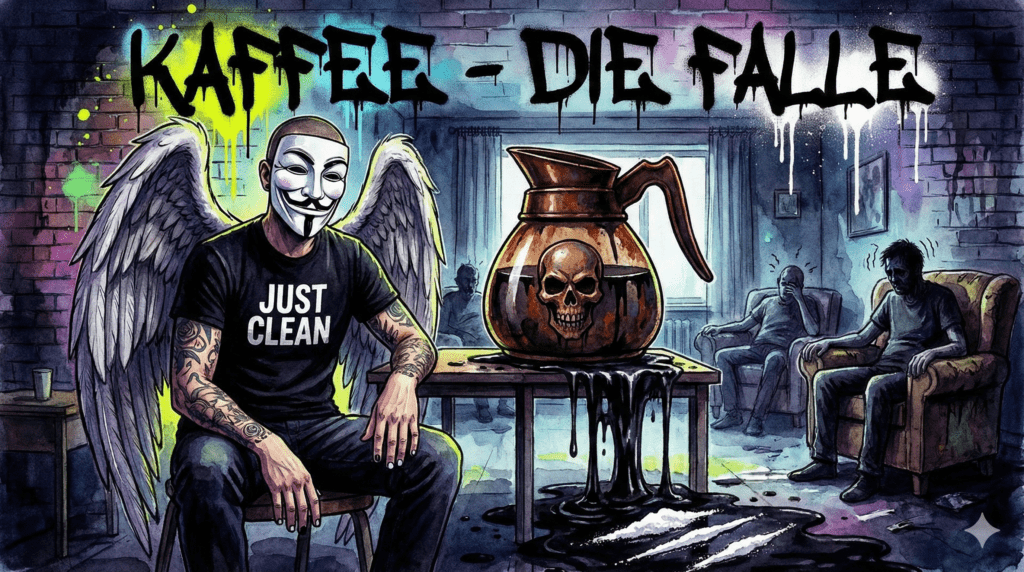 NeelixberliN-Figur warnt vor Kaffee in der Reha. Schwarzer Kaffee verwandelt sich in Kokain-Lines. Watercolor Style.