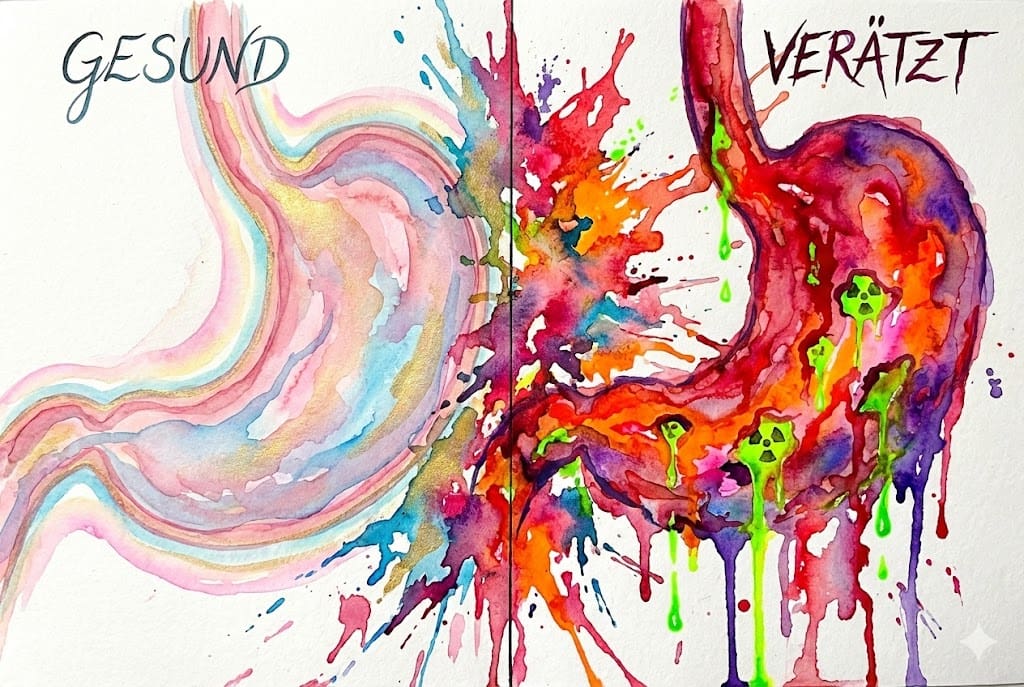 Aquarell-Vergleich: Linke Hälfte gesunde Magenschleimhaut (rosa/blau), rechte Hälfte verätzt durch Speed-Drip (rot/giftgrün).