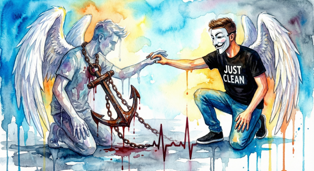 Künstlerische Darstellung der Medetomidin-Wirkung: Ein schwerer Anker zieht einen bewusstlosen Raver zu Boden, während NeelixberliN versucht zu helfen. Symbol für Bradykardie und Koma.