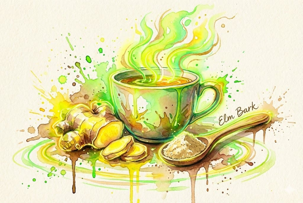 Knalliges Aquarell von Ingwer, Kräutertee und Heilpulver. Zerlaufende Farben, energetische Ausstrahlung.