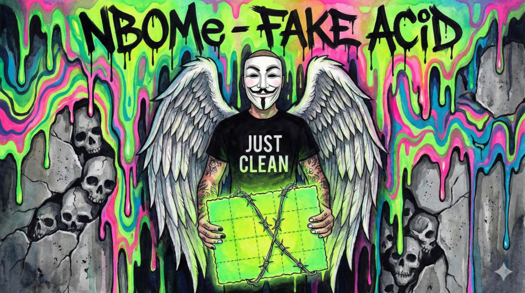 NeelixberliN-Figur hält gefährlichen NBOMe-Blotter. Warnung vor Fake-LSD und Vergiftung. Watercolor Style.
