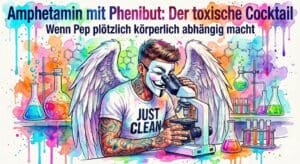 NeelixberliN analysiert Speed-Pulver mit einer Lupe, das blau und lila leuchtet (Phenibut-Mischung).