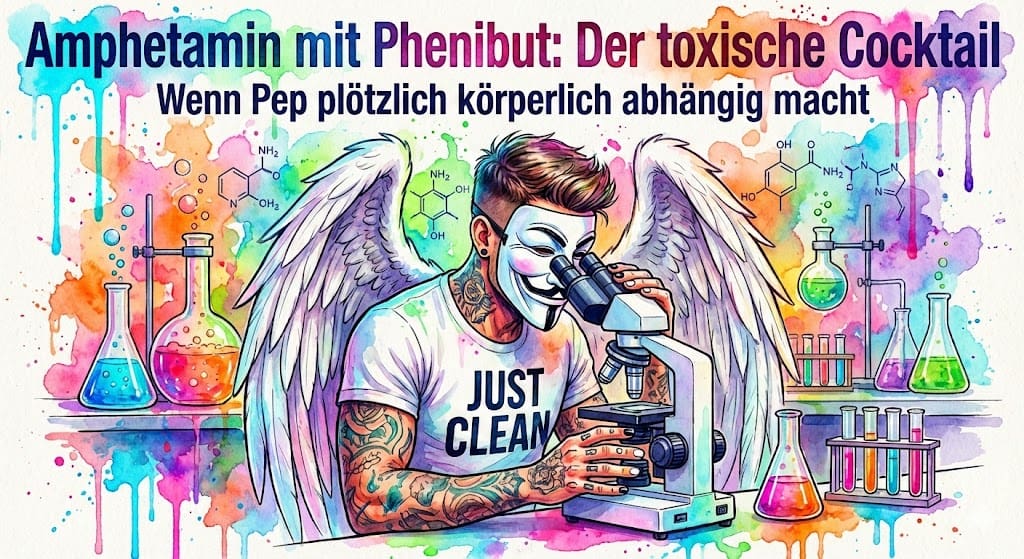 NeelixberliN analysiert Speed-Pulver mit einer Lupe, das blau und lila leuchtet (Phenibut-Mischung).