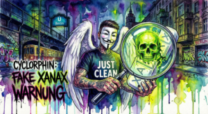 NeelixberliN Avatar mit Lupe vor Fake-Xanax, die giftig aussieht. Warnung vor Cyclorphin.