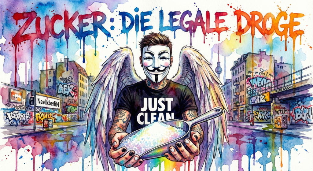 NeelixberliN Avatar (Anonymous Maske, Flügel, "Just Clean" Shirt) hält Zucker, Text: Zucker die legale Droge. Bunter Watercolor Stil.