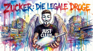 NeelixberliN Avatar (Anonymous Maske, Flügel, "Just Clean" Shirt) hält Zucker, Text: Zucker die legale Droge. Bunter Watercolor Stil.