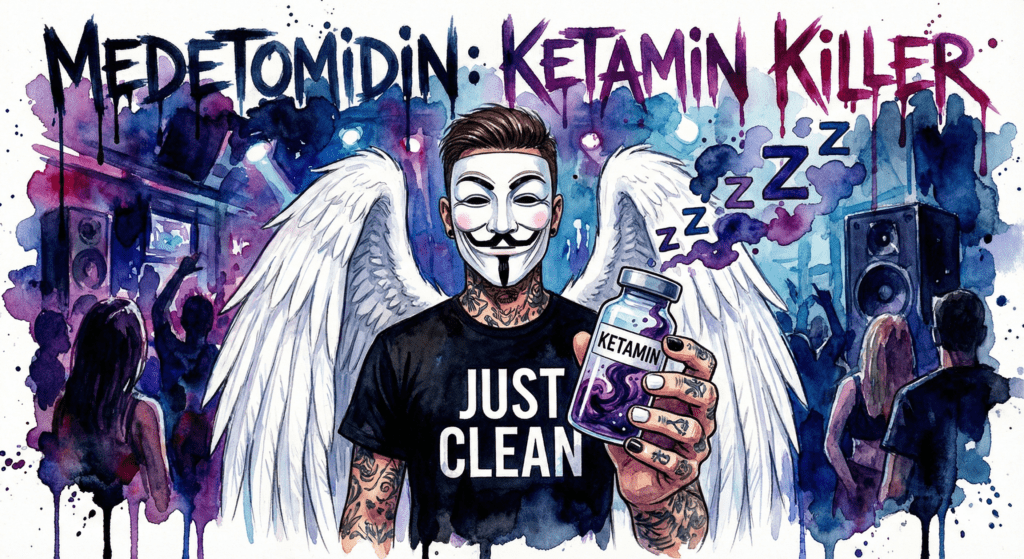 NeelixberliN Avatar mit Anonymous Maske warnt vor einer Phiole mit lila Flüssigkeit, die Medetomidin im Ketamin symbolisiert. Graffiti-Text: Medetomidin Ketamin Killer.