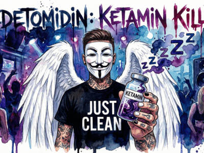 NeelixberliN Avatar mit Anonymous Maske warnt vor einer Phiole mit lila Flüssigkeit, die Medetomidin im Ketamin symbolisiert. Graffiti-Text: Medetomidin Ketamin Killer.