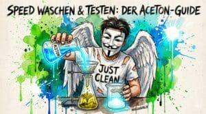 Aquarell-Titelbild: NeelixberliN Figur (Anonymous Maske, Engelsflügel, 'Just Clean' Shirt) wäscht Speed mit Aceton im Labor. Text: "SPEED WASCHEN & TESTEN: DER ACETON-GUIDE".
