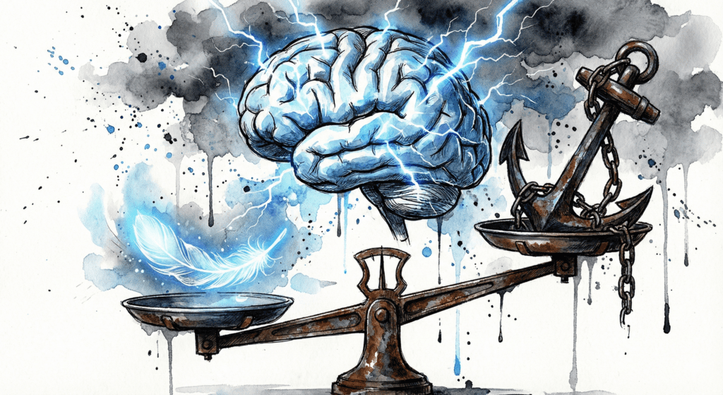 Illustration eines Gehirns unter Strom durch NEP Droge, Waage zeigt Suchtdruck vs Euphorie