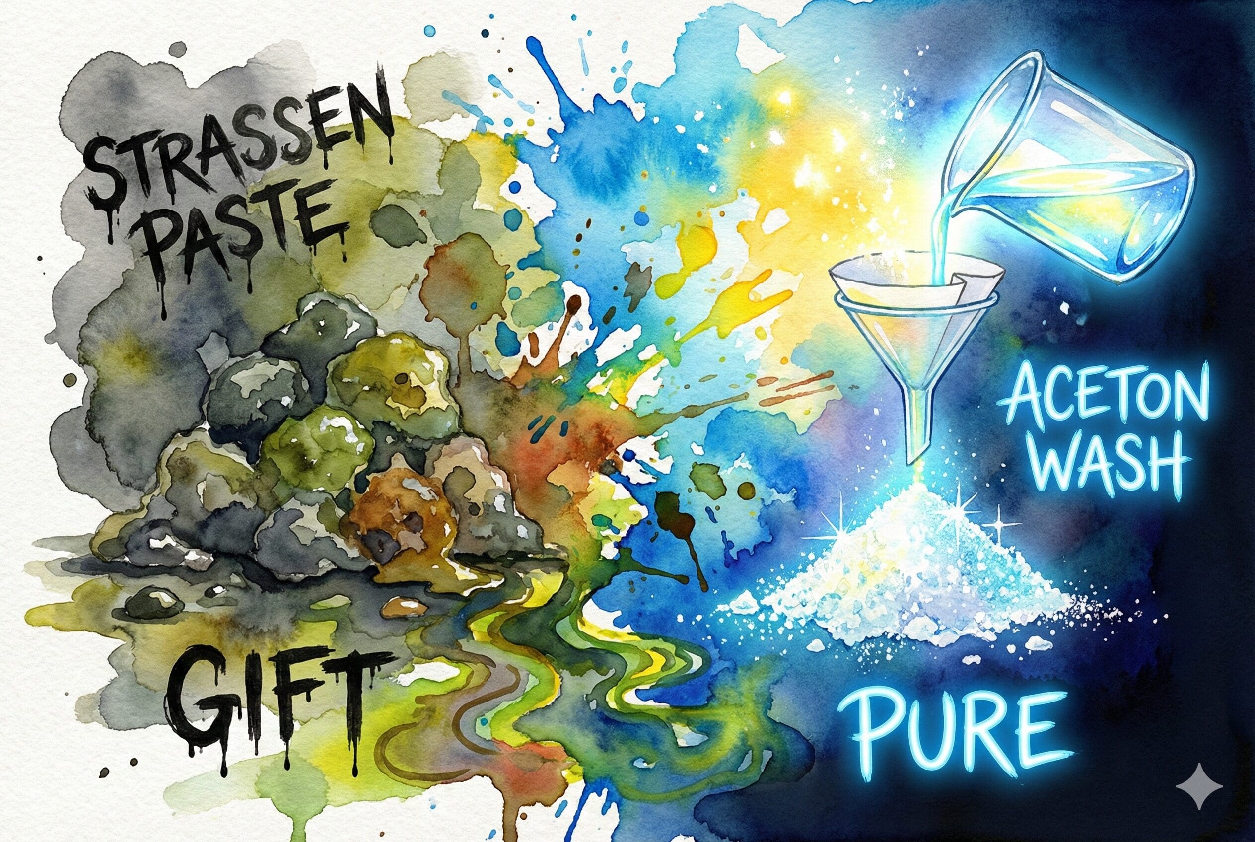 Aquarell Illustration: Vergleich zwischen dreckiger, giftiger Paste (links) und strahlend sauberem Amphetamin nach Aceton-Waschung (rechts).