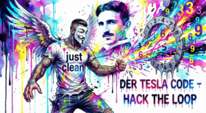 Titelbild im knalligen Watercolor-Stil: Die tätowierte NeelixberliN-Figur mit Anonymous-Maske, "just clean"-Shirt und Engelsflügeln bricht mit den Zahlen 3, 6, 9 den grauen Sucht-Loop auf. Im Hintergrund Nikola Tesla.