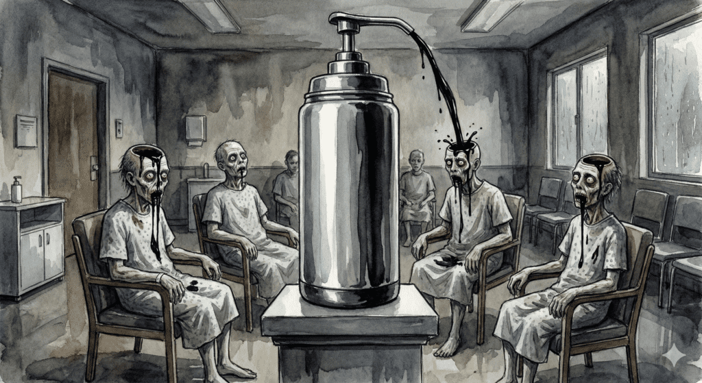 Düstere Reha-Szene mit Kaffeekanne als Mittelpunkt. Symbol für Suchtverlagerung in der Therapie. Watercolor Style.