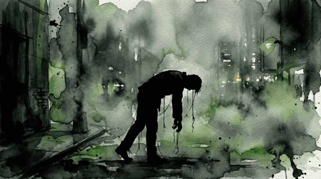 Illustration einer Person im Tranq-Walk: Nach vorne übergebeugt stehend, typisches Symptom für Xylazin-Konsum.