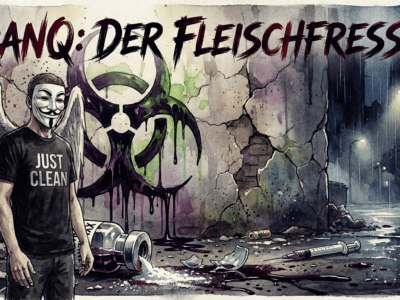 Aquarell-Illustration: Warnsymbol für Tranq (Xylazin) und zerbrochene Medikamentenflasche