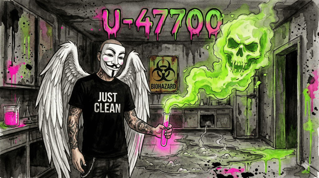 NeelixberliN-Figur im Labor mit giftigem pinken Pulver U-47700. Warnung vor Research Chemicals. Watercolor Style.