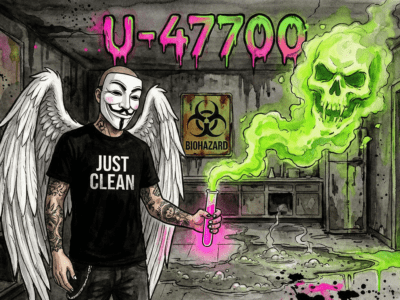 NeelixberliN-Figur im Labor mit giftigem pinken Pulver U-47700. Warnung vor Research Chemicals. Watercolor Style.