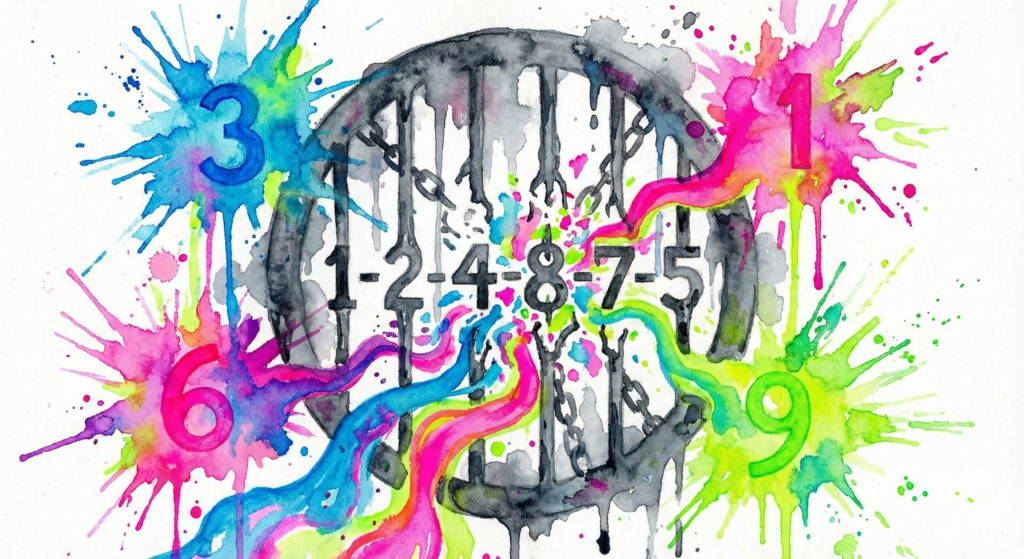 Knallige Watercolor-Grafik: Der graue Sucht-Loop 1-2-4-8-7-5 wird von bunten, zerlaufenden Energiestrahlen der Zahlen 3, 6 und 9 aufgebrochen.