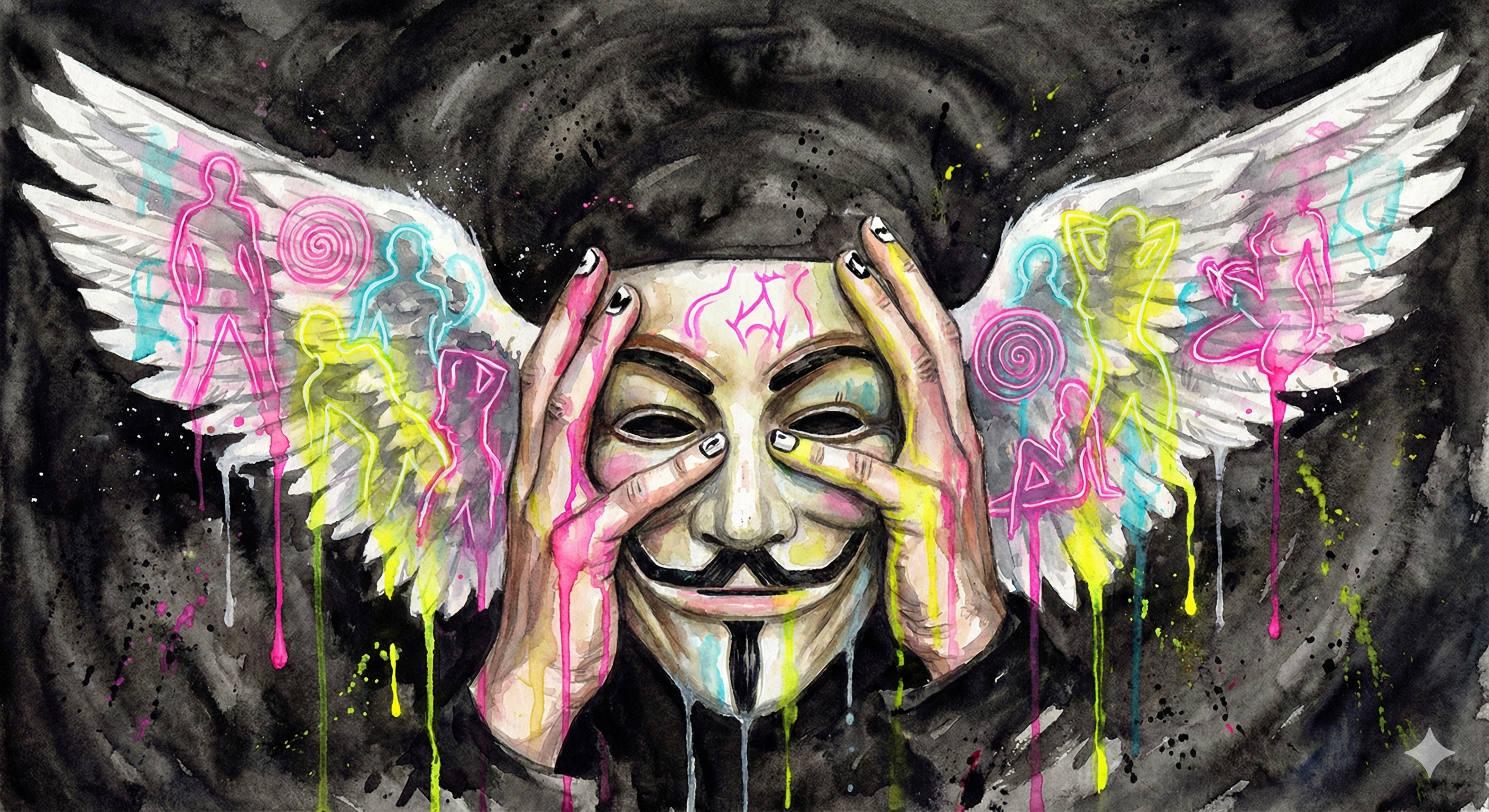 NeelixberliN hält sich den Kopf, während sexuelle Silhouetten auf seine Flügel projiziert werden – Darstellung des 'Kinos im Kopf'.