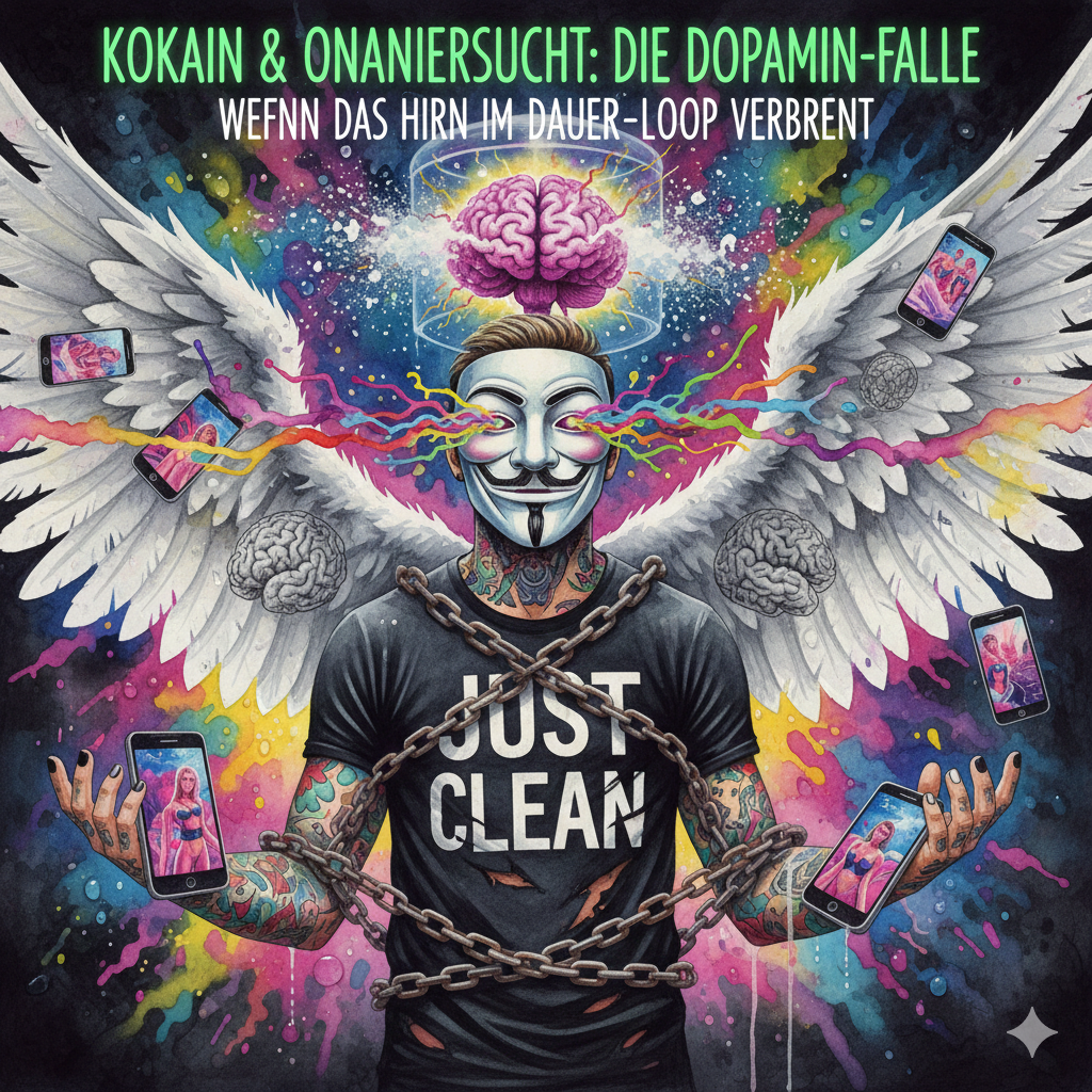 NeelixberliN Figur mit Anonymous-Maske und Engelsflügeln vor Bildschirmen – Symbolbild für Kokainsucht und Onanierzwang.