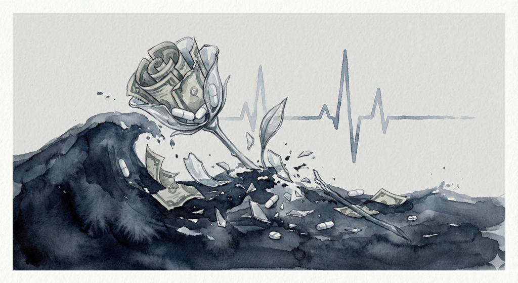 Symbolisches Bild für die lebensgefährlichen Risiken von Drogen-Mischkonsum und Herzversagen.