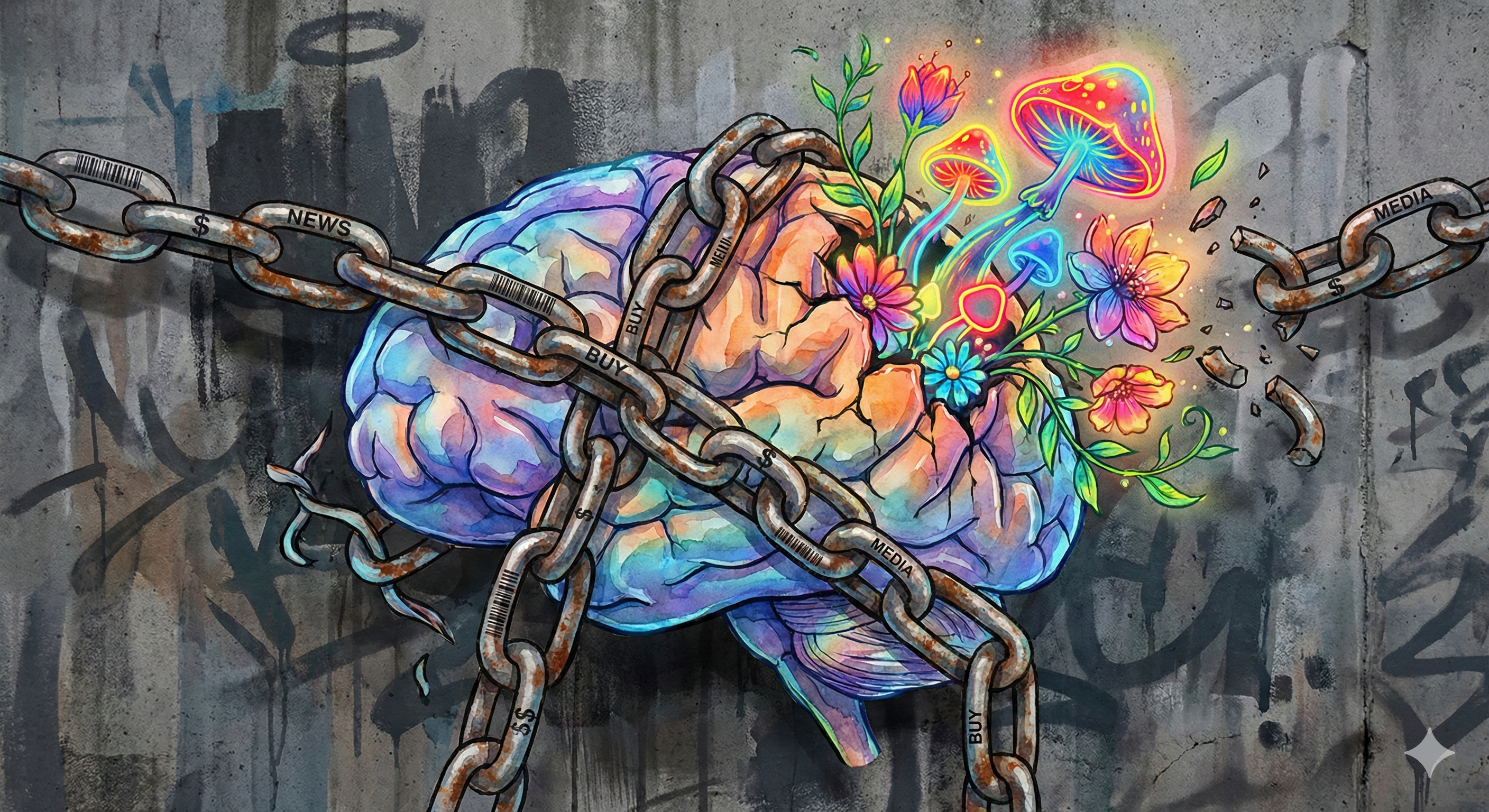Ein menschliches Gehirn in Aquarell, das in Ketten mit Dollarzeichen und Barcodes gelegt ist. Aus dem Gehirn wachsen leuchtende psychedelische Pilze und Blumen, die die Ketten sprengen.