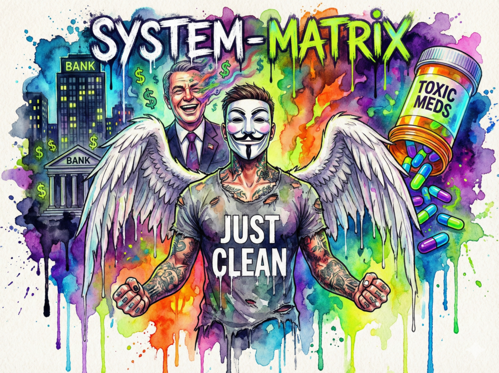 NeelixberliN Figur (tätowiert, Anonymous-Maske, Engelsflügel, 'Just Clean' Shirt, schwarz-weiß lackierte Nägel) steht rebellisch vor einer zerlaufenden Matrix aus Bankgebäuden, Politikern und Big-Pharma-Pillen. Bunter Watercolor-Stil.