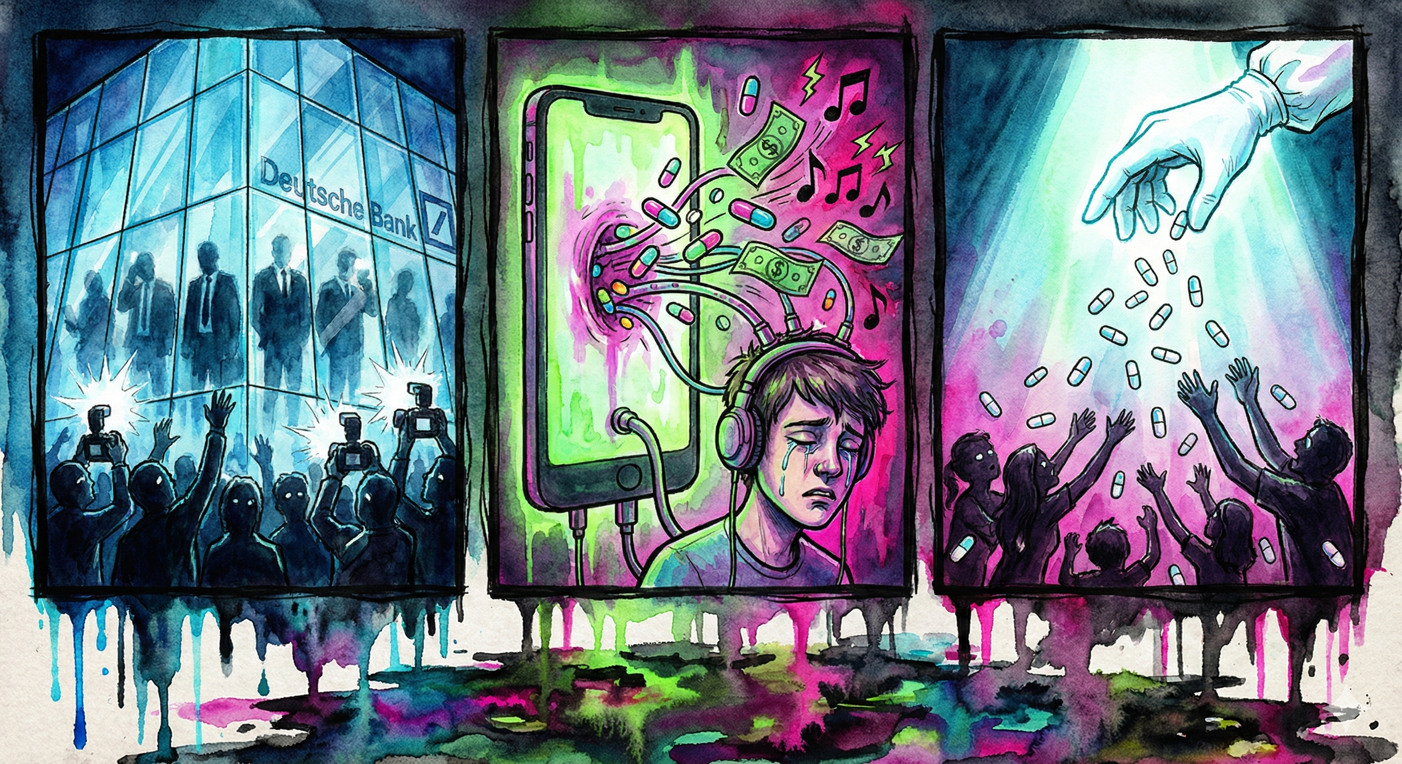 Surreales Aquarell-Triptychon: Eine kalte Bankfassade mit Eliten, ein Smartphone, das Pillen in einen Teenager pumpt, und eine Arzt-Hand, die Medikamente auf eine Familie fallen lässt. Toxische Farben.