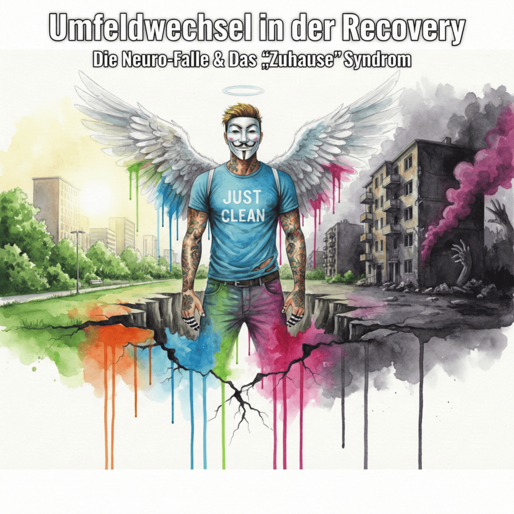 NeelixberliN mit Engelsflügeln und Anonymous-Maske steht als bunte Watercolor-Figur zwischen einem hellen neuen Leben und der dunklen, toxischen alten Konsum-Wohnung. Symbol für den Umfeldwechsel in der Sucht-Recovery.