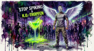 NeelixberliN Figur mit Engelsflügeln und Maske steht schützend in einem dunklen Techno-Club vor einem riesigen Glas, aus dem giftgrüne Flüssigkeit (K.O.-Tropfen) tropft. Bunter Watercolor-Stil.