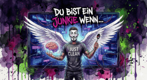 NeelixberliN Figur mit Engelsflügeln und Anonymous-Maske steht vor einem leuchtenden digitalen Drogen-Forum (Eve&Rave). In der Hand hält er ein leuchtendes Gehirn und einen verbogenen Löffel. Street-Art Aquarell-Stil.