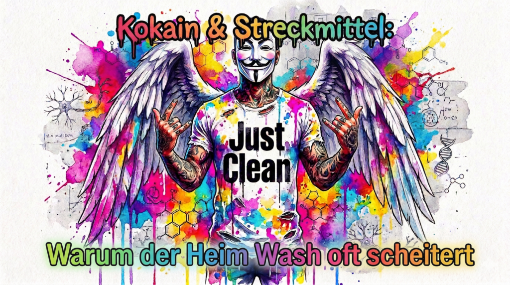 NeelixberliN Markenfigur: Junger, tätowierter Mann mit Anonymous-Maske, weißen Engelsflügeln und 'Just Clean' T-Shirt im zerlaufenden Watercolor-Stil. Header für Kokain reinigen Artikel.