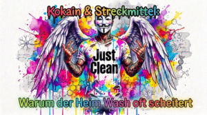 NeelixberliN Markenfigur: Junger, tätowierter Mann mit Anonymous-Maske, weißen Engelsflügeln und 'Just Clean' T-Shirt im zerlaufenden Watercolor-Stil. Header für Kokain reinigen Artikel.