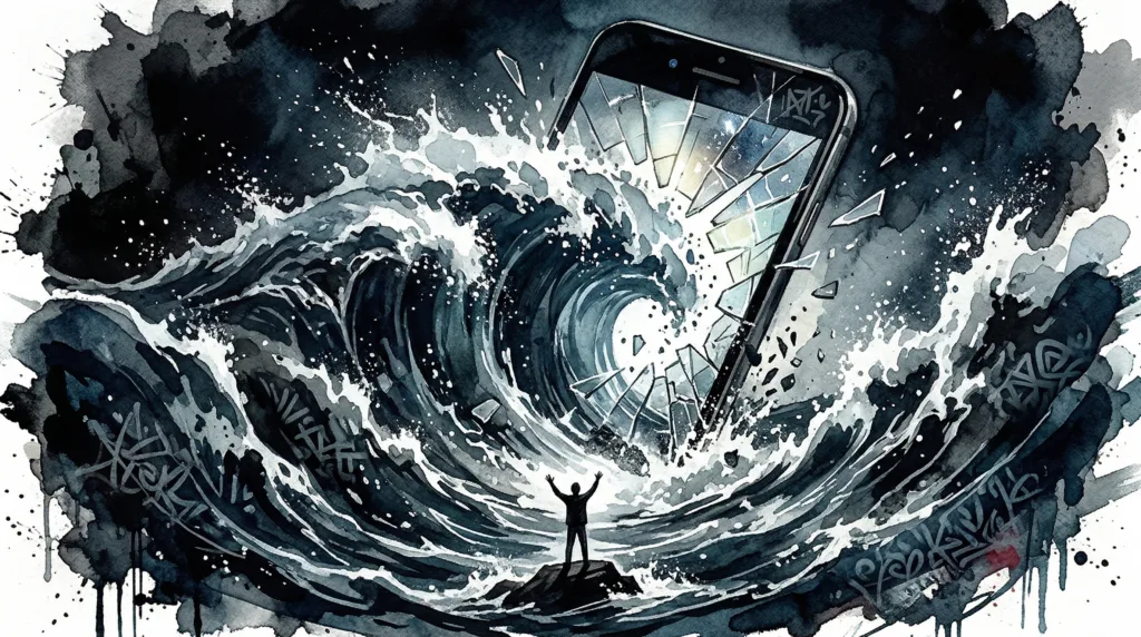 Ein zersplitterndes Smartphone-Display, aus dem eine gigantische, dunkle Wasser-Flutwelle bricht und einen winzigen Menschen zu überrollen droht.