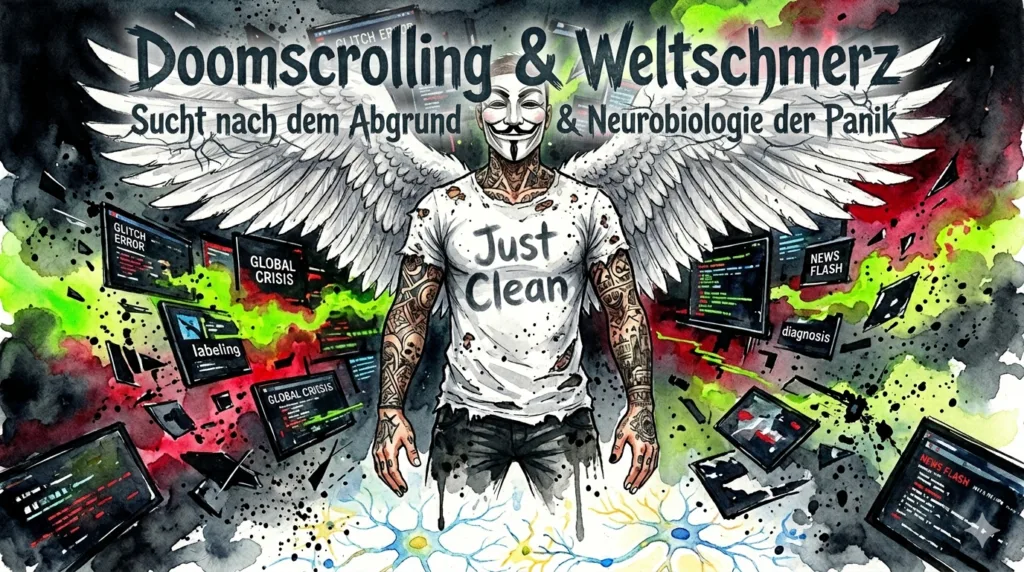 NeelixberliN Markenfigur mit Anonymous-Maske und Engelsflügeln trotzt einem Sturm aus toxischen digitalen Bildschirmen und Fake News. Symbol für mentale Stärke und Digital Detox.