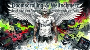 NeelixberliN Markenfigur mit Anonymous-Maske und Engelsflügeln trotzt einem Sturm aus toxischen digitalen Bildschirmen und Fake News. Symbol für mentale Stärke und Digital Detox.