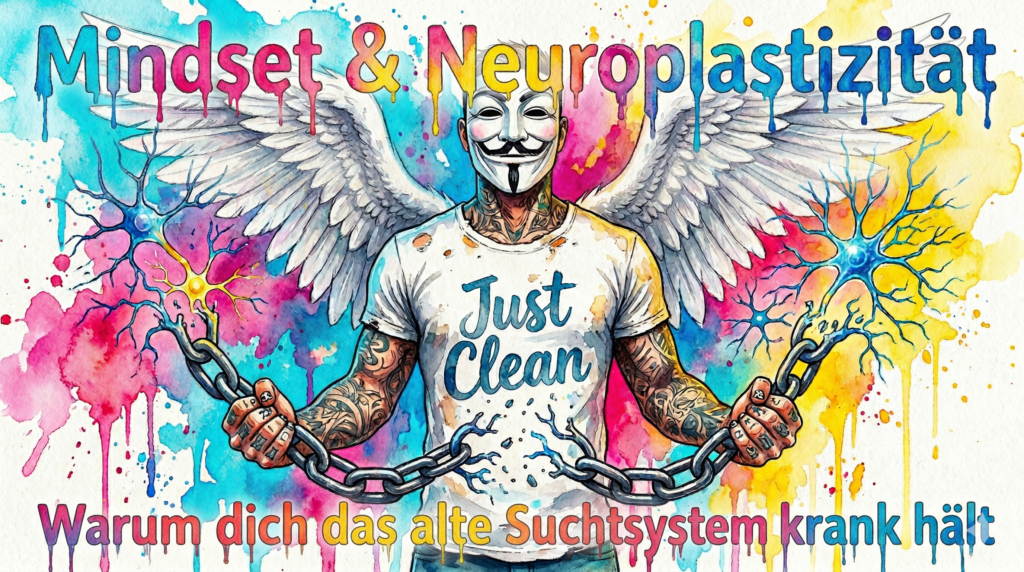NeelixberliN Markenfigur: Tätowierter Mann mit Anonymous-Maske, Engelsflügeln und 'Just Clean' T-Shirt im Watercolor-Stil. Symbol für Freiheit und Suchtaufklärung.